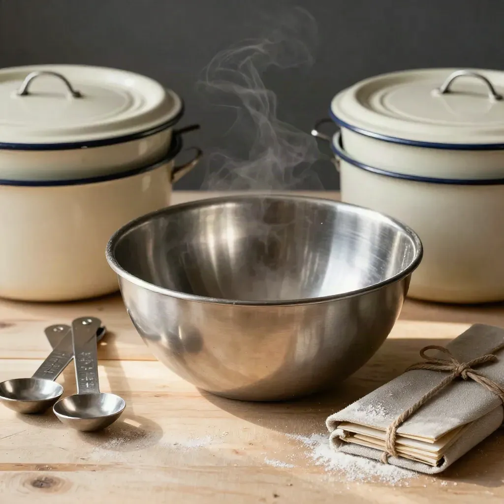 Food training set with steel bowl, spoons, tins and wrapped recipe cards on pale wood.