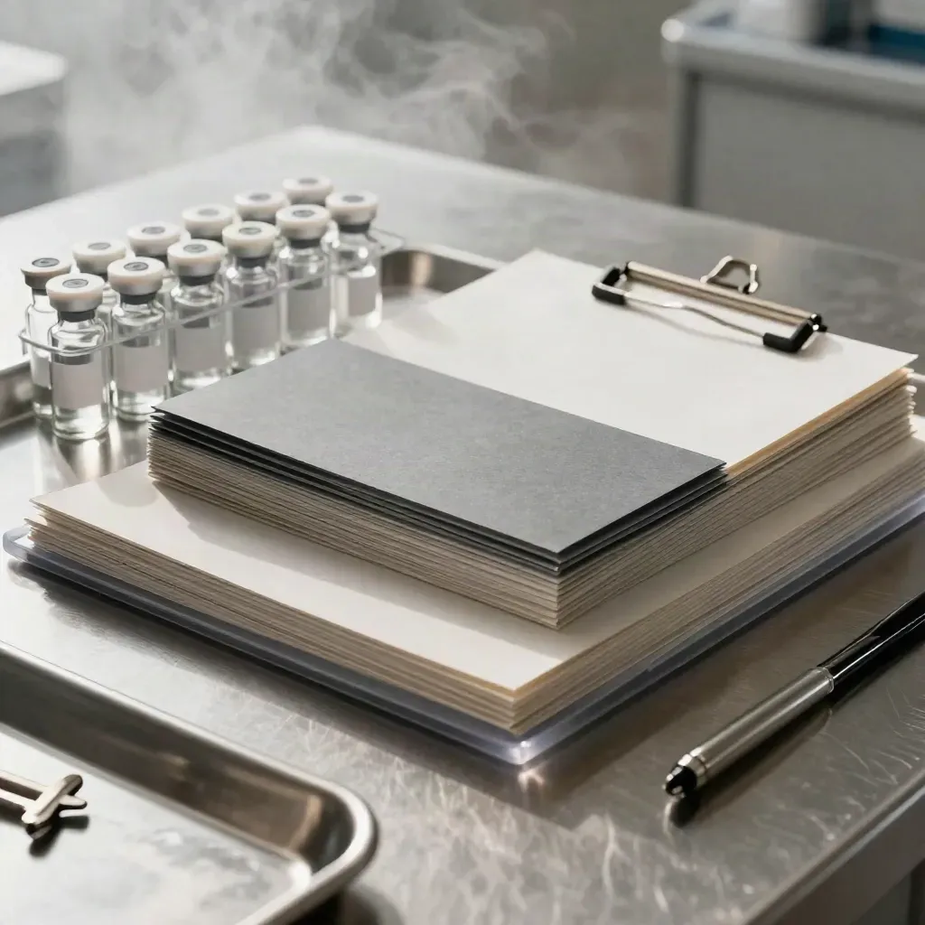 Healthcare training kit with clipboards, vial rack and folders on brushed steel, soft haze