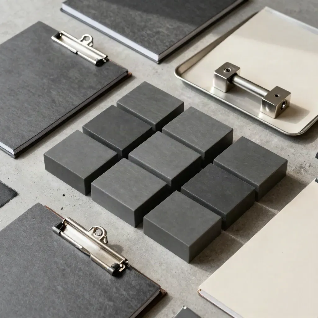 Overhead concrete flat lay of consulting blocks, paperweights, folders and a metal tray in graphite tones.