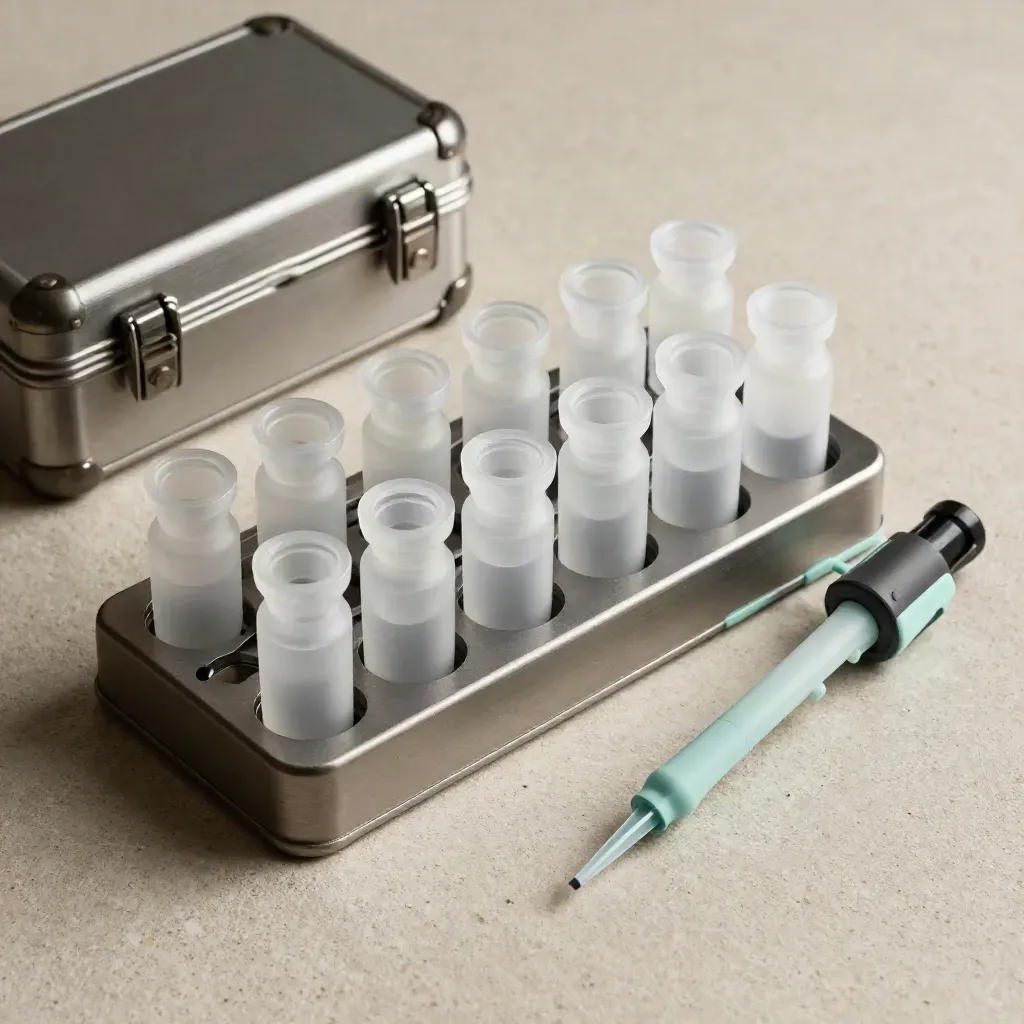 Lab vials, metal case, binder and pipette stand on stone in dramatic flat lay