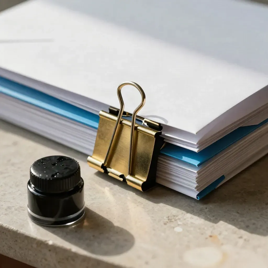 HR screening envelopes, brass clips, confidentiality folder and stamp pad on pale stone