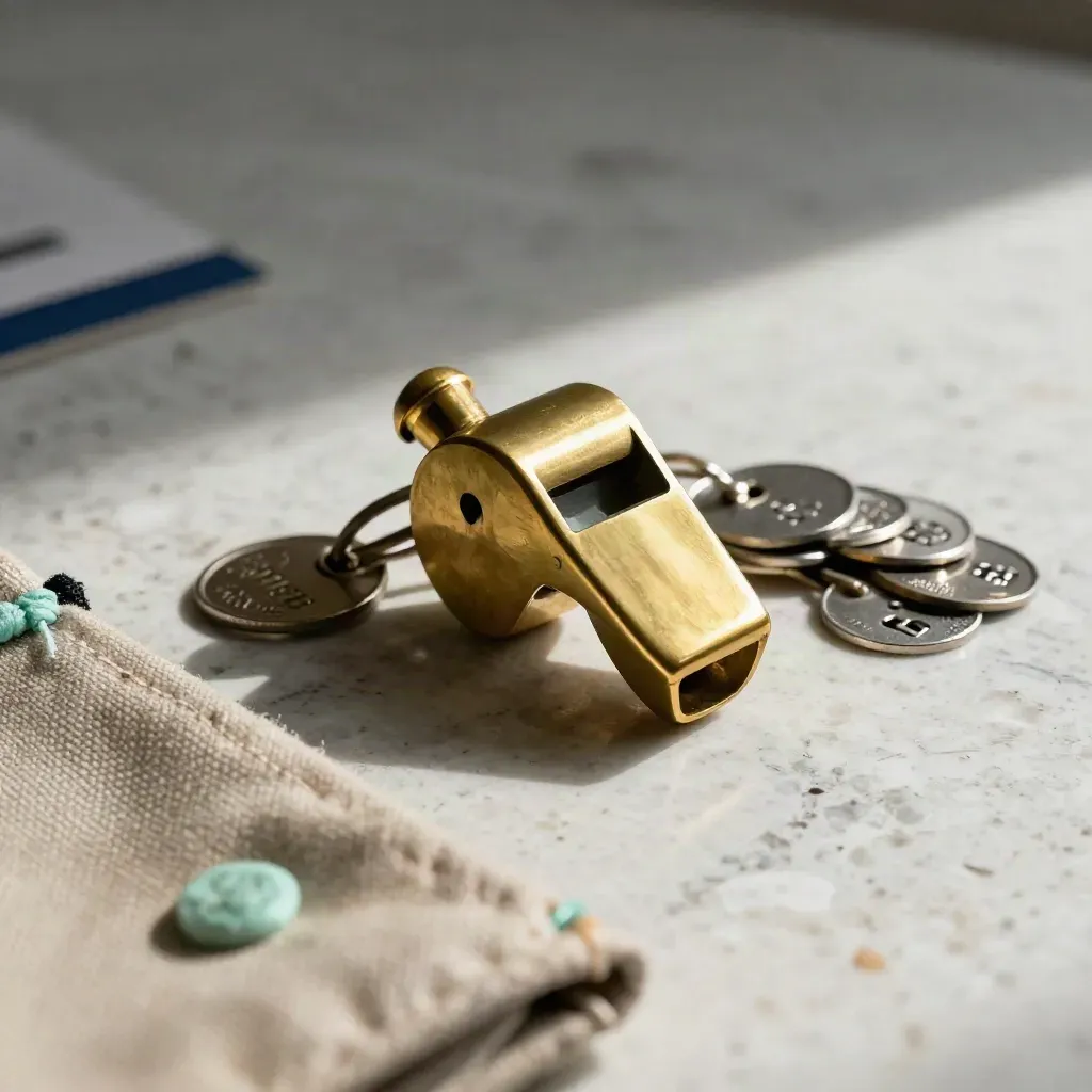 Brass whistle, punch tags and signal pouch on travertine with dramatic rail industry lighting.