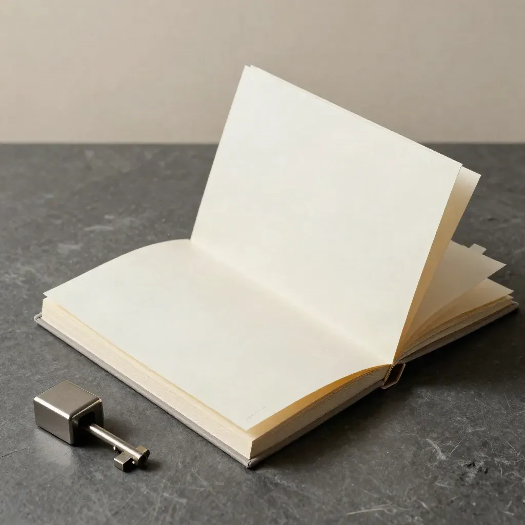 Open exam template booklets with a tabbed divider and paperweight on graphite stone.