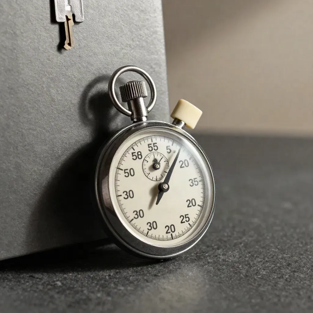 Stopwatch, stop flag pin, and clip on a dark stone surface in dramatic light.