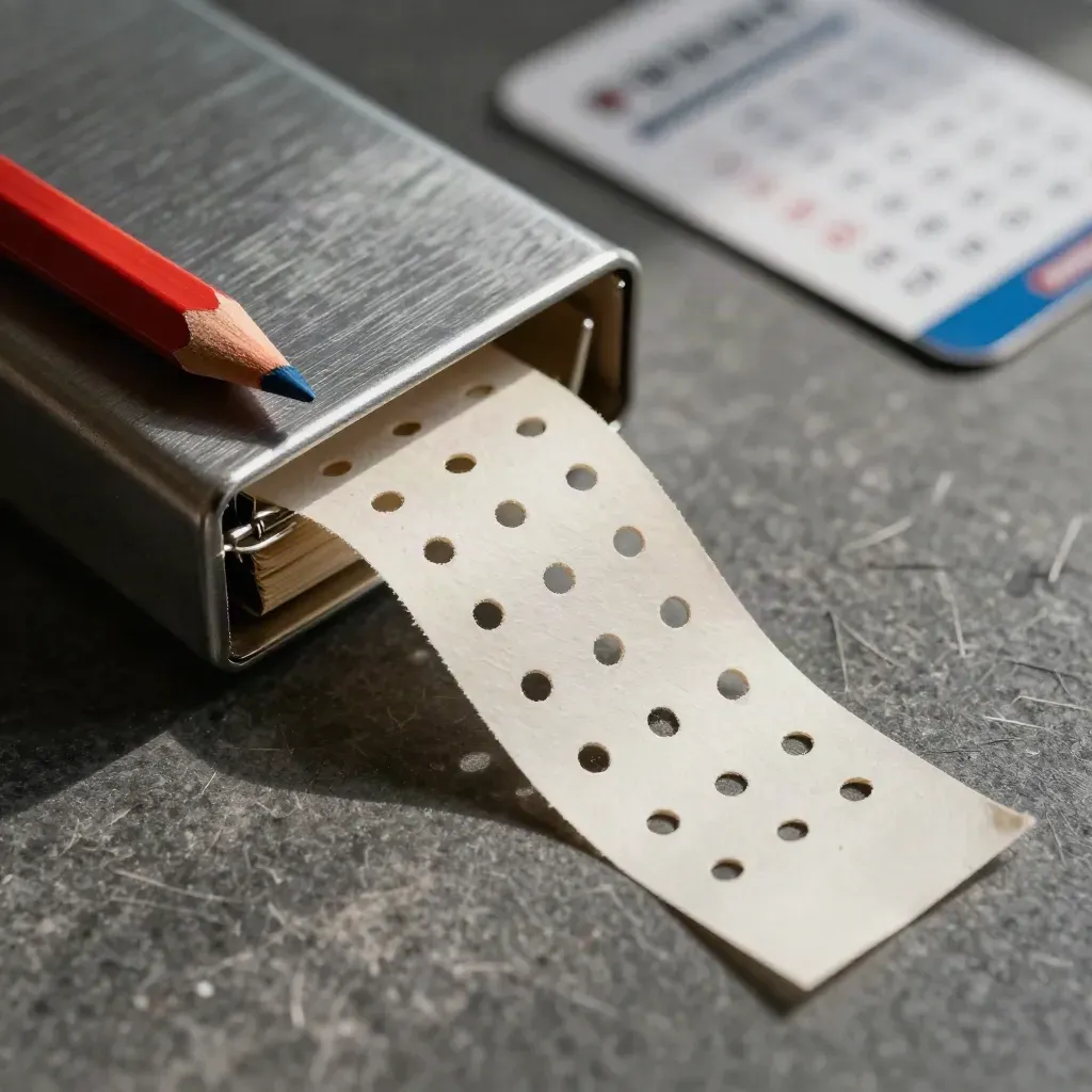 Overhead macro of a perforated answer-key strip in a metal sleeve with a red pencil and clip.