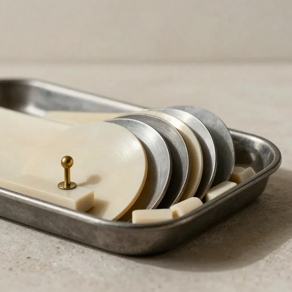 Graphite appointment discs in a shallow slot tray with a brass peg, lit by soft daylight.