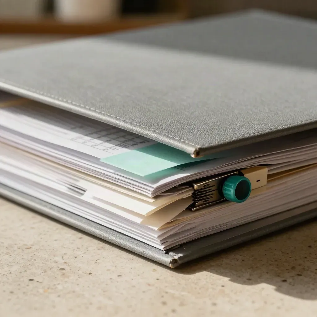 Macro of a report binder with tabs and tally counter on a limestone surface.