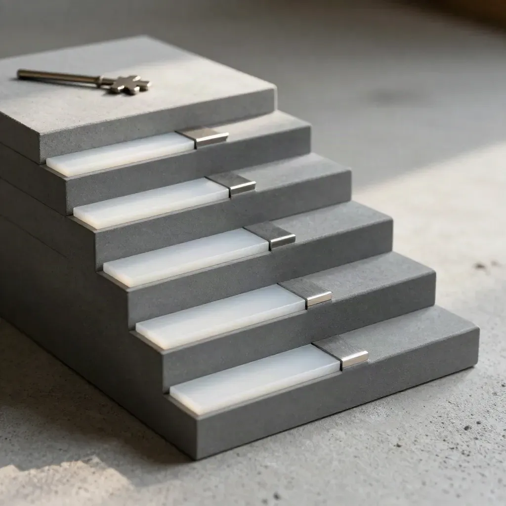 Tiered index blocks and graded tab markers on concrete, lit like a staircase.