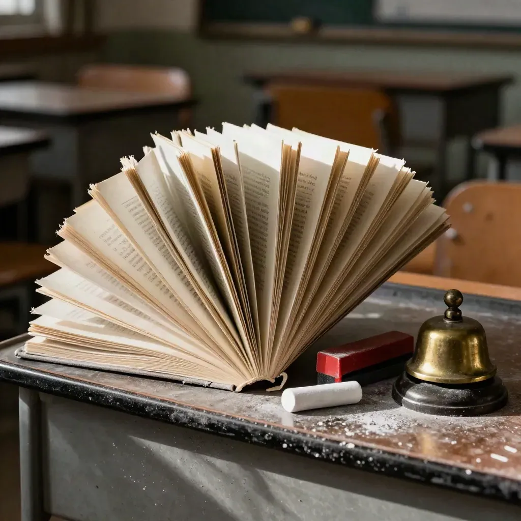Close-up of marked exercise books, chalk stub, grading stamp and classroom bell in chalk dust.