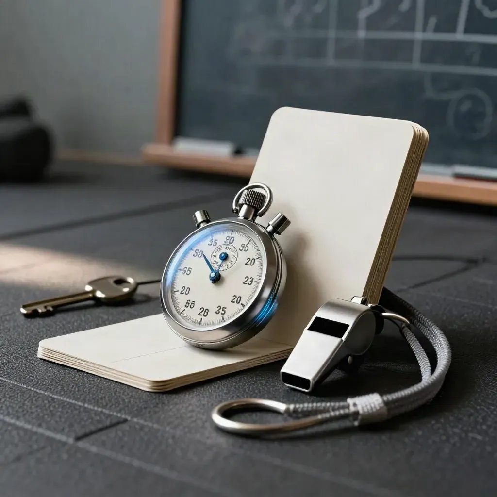 Stopwatch, whistle, training cards, and lanyard on a dark mat with blurred board behind