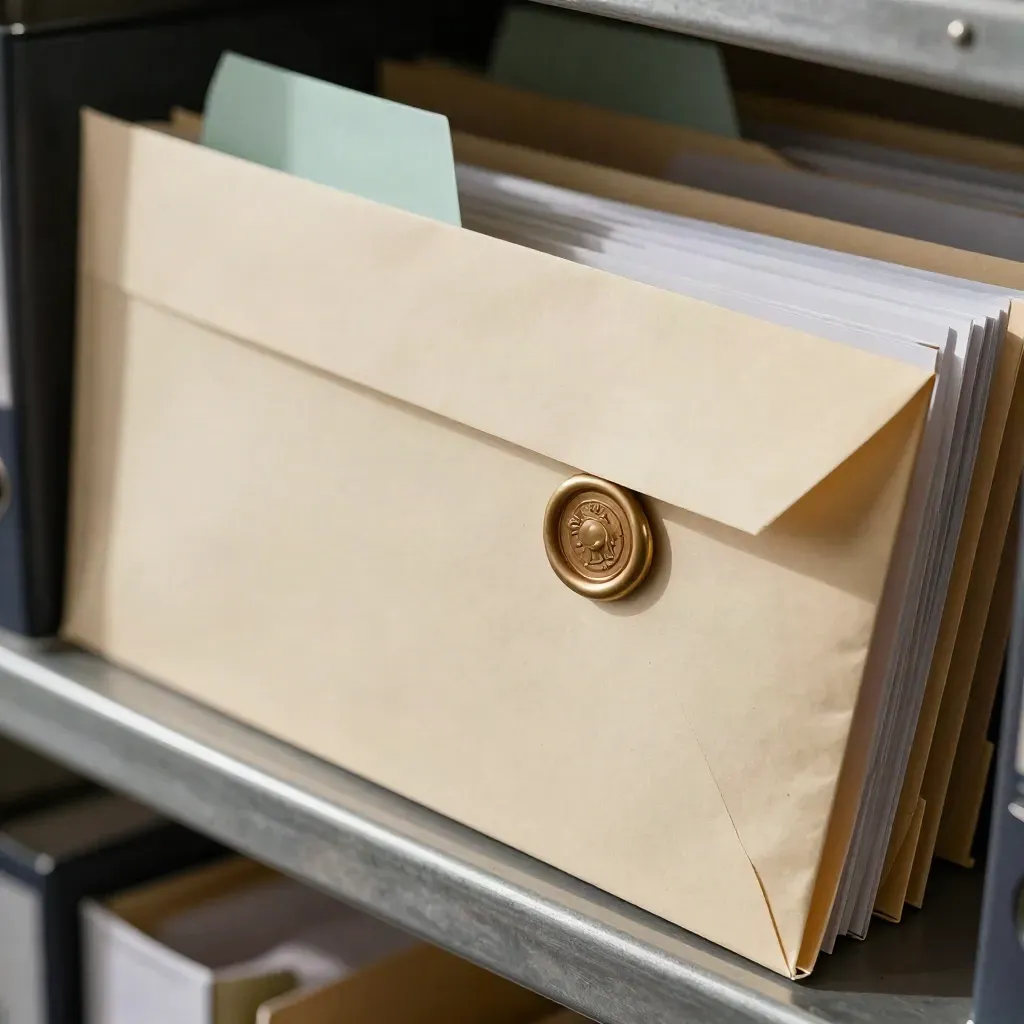 Macro HR file folders, envelope, brass clip and seal stamp on brushed metal with mint accent.