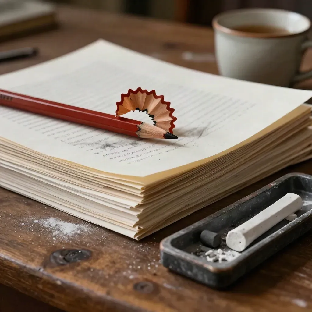 Teacher’s desk still life with scripts, chalk tray, mug, and pencil shavings