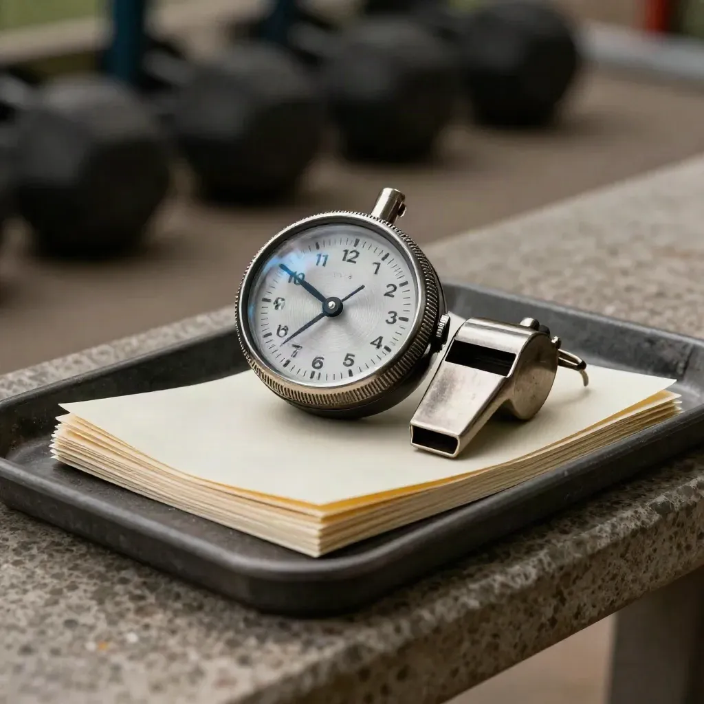 Macro of a timer dial, whistle, folded score cards and clip tray on a stone bench.