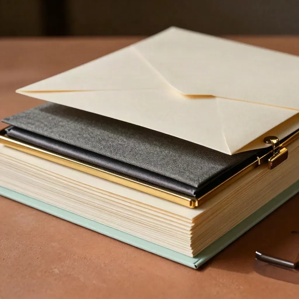 HR interview folders, envelope stack, brass clips and stamp pad on terracotta clay