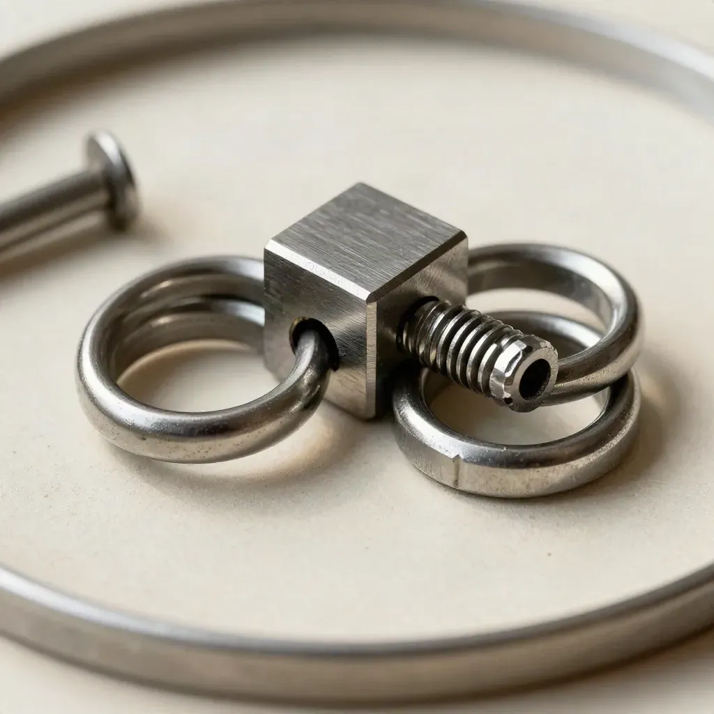 Macro still life of steel rings, a connector cube, and pin on a matte ivory surface.