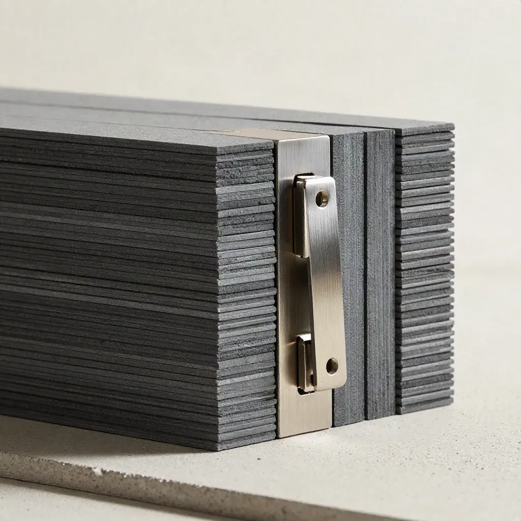 Graphite dovetail blocks and a hinge plate aligned on pale concrete in dramatic studio light.