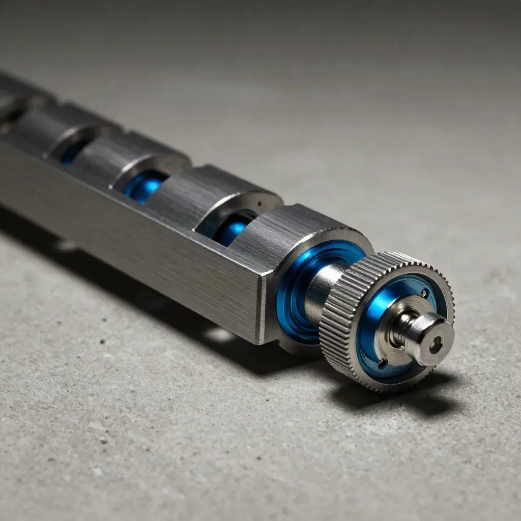 Machined metal plates, cable collar, and locking studs on concrete with a subtle blue accent.