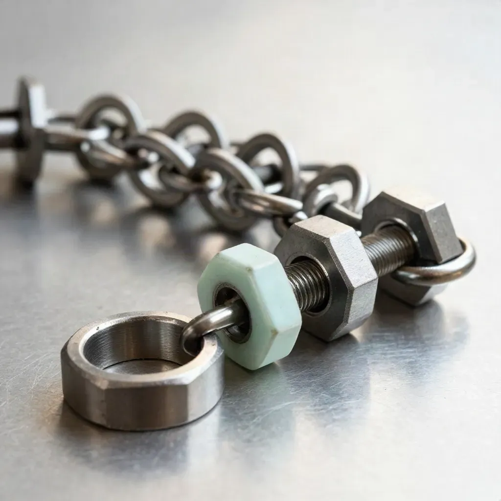 Brushed metal hex couplers threaded through linked rings on aluminium with a mint accent.