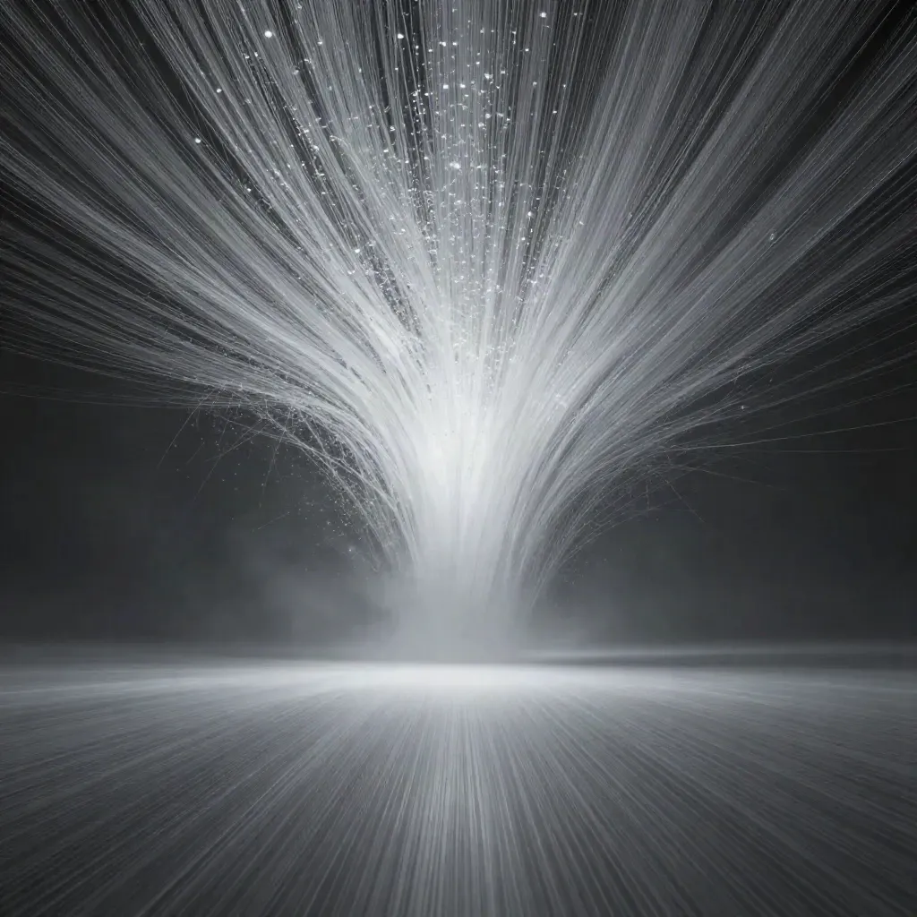 Silver filaments converge into a soft white bloom in a dark graphite void.